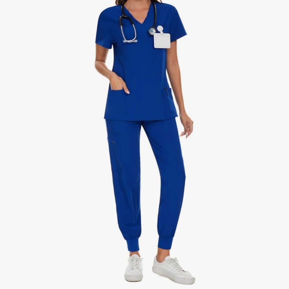 Cozyfit Womens Scrub Set 3 Pocket Top and 5 Pocket Joggers in Royal Blue Size L